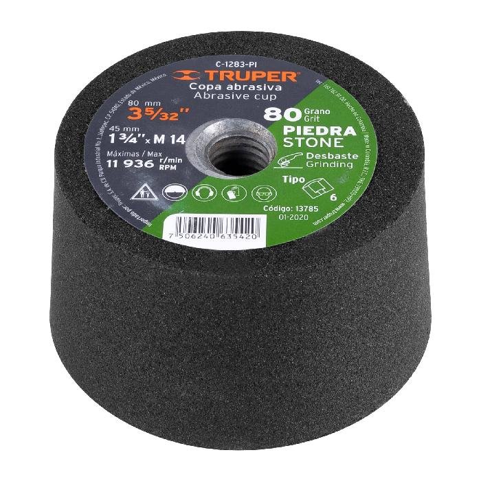 13785.jpg Copa desbaste de piedra 3-5/32' grano 80, eje M14, Truper - Image 1