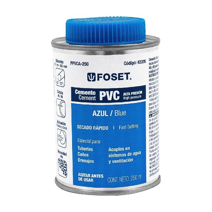 42026.jpg Cemento azul para PVC en bote de 250 ml, alta presión, Foset 42026 - Image 1